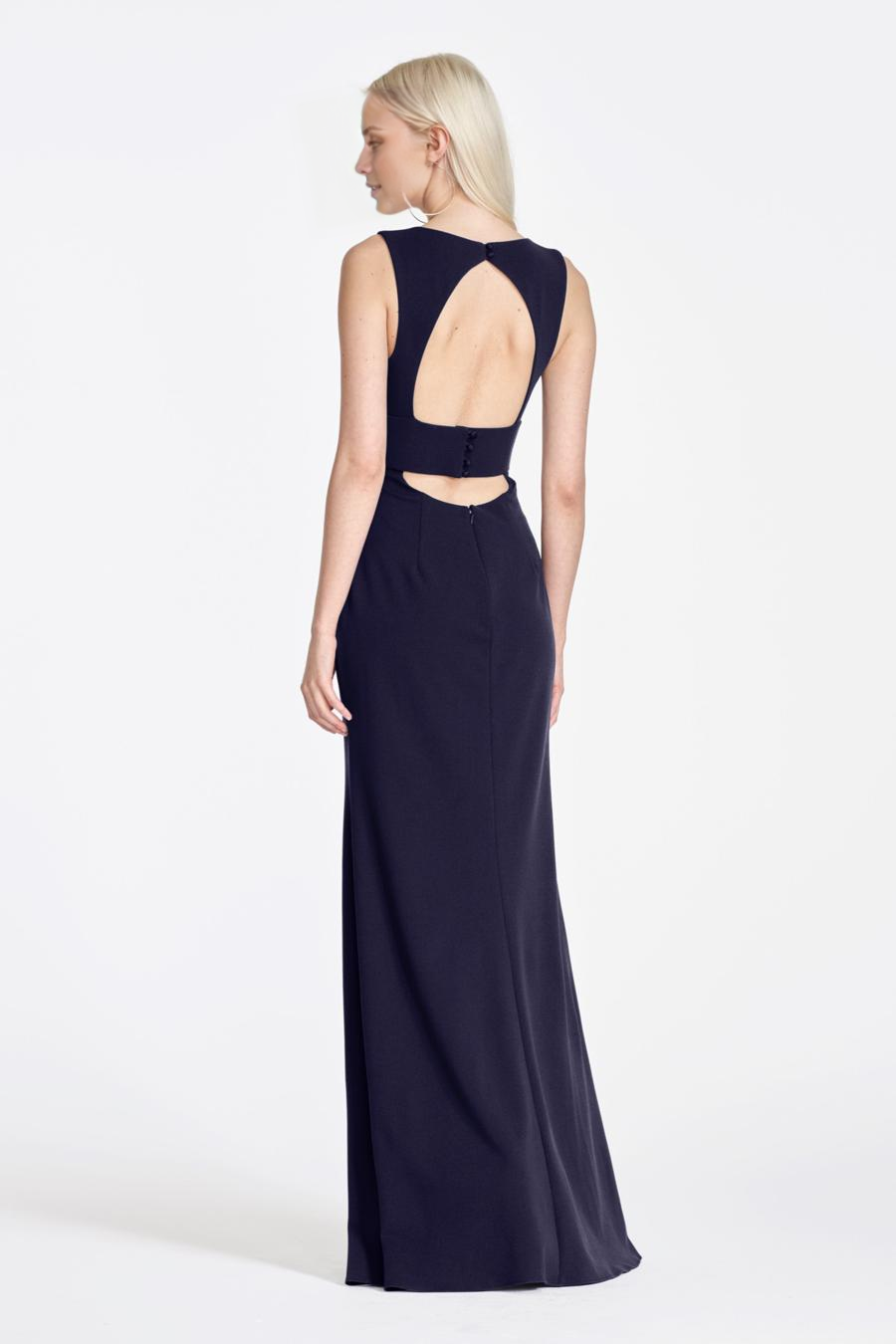 deep V-neck sleeveless backless and floor length evening dress