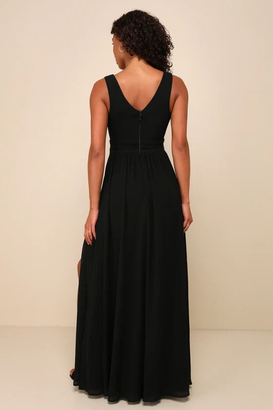 V-neck sleeveless backless side slit and floor length evening dress