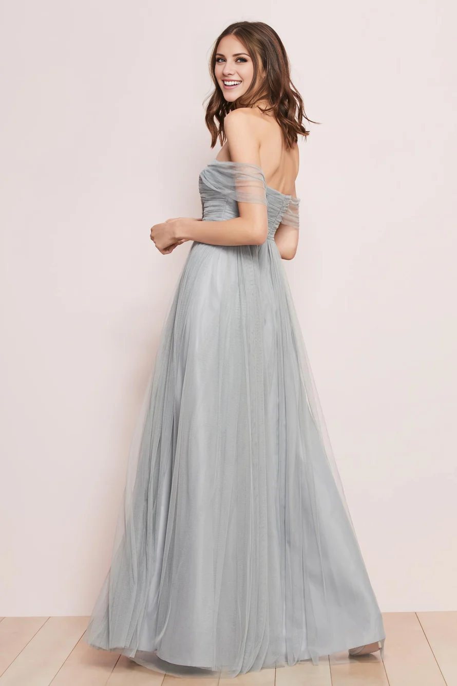 off shoulder collar sleeveless backless pleated details and floor length Prom dress