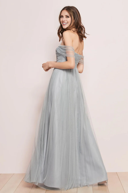 off shoulder collar sleeveless backless pleated details and floor length Prom dress