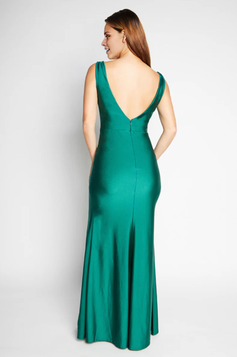 deep V-neck sleeveless backless side slit and floor length evening dress