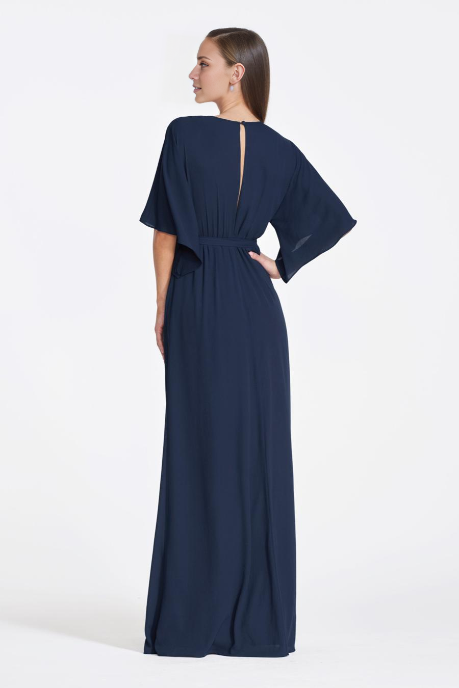 deep V-neck long sleeved side slit and floor length evening dress