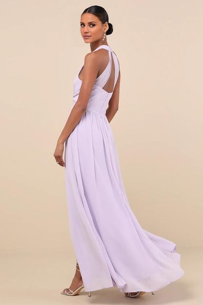 V collar hanging neck off shoulder sleeveless backless side slit and floor length evening dress
