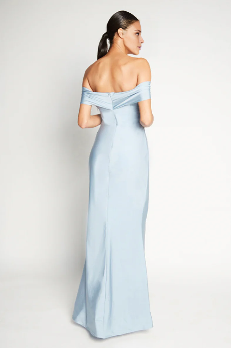off shoulder collar sleeveless backless and floor length evening dress