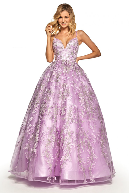 A-line V-neck sheer lace applique thin shoulder strap and floor length evening dress