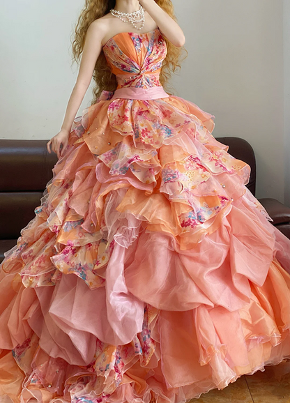 Light Pink Floral Strapless Waist-Cinched Puff-Skirt Ball Gown & Bridal Gown R7368