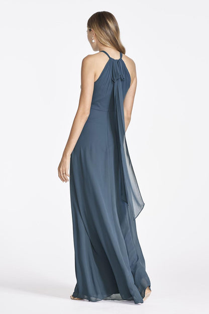 halter neckline sleeveless off shoulder pleated tie and floor length evening dress