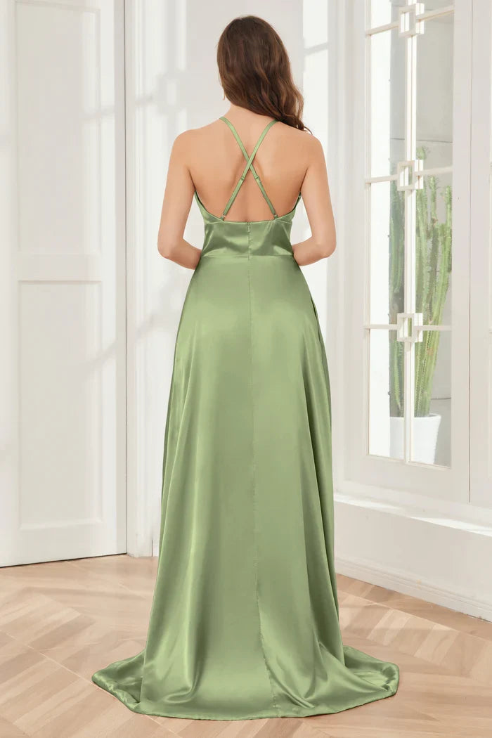 Column neck hanging soft satin and floor length bridesmaid dress