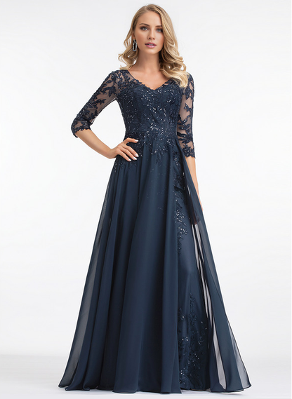 A-line V-neck floor mopping lace chiffon with sequins, mother of the bride dress