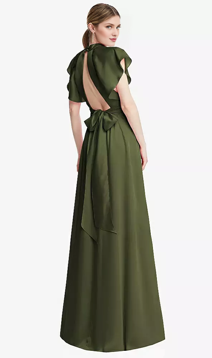 Wrinkled stand collar with ruffled sleeves backless long Prom dress
