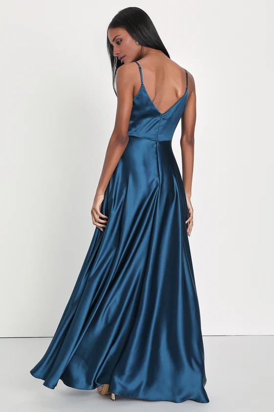 V-neck off shoulder sleeveless thin shoulder strap backless side slit and floor length evening dress