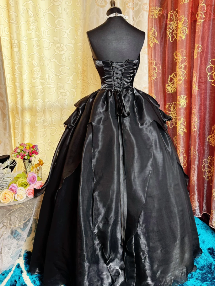 Fashion Strapless Black Satin Tulle Beaded Long Birthday Prom Dress Evening Gown SP1619