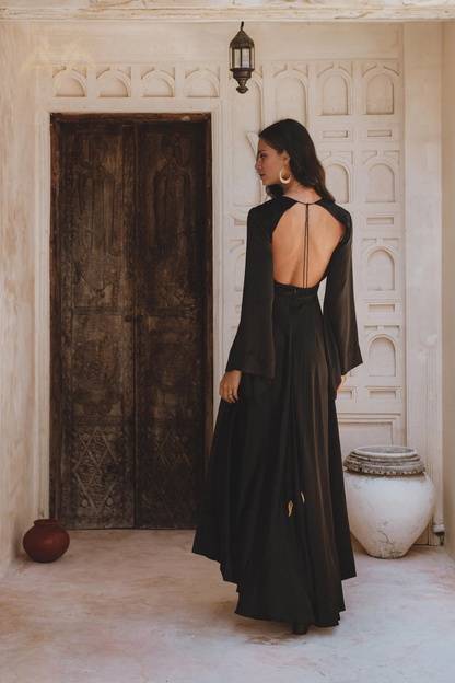 V-neck long sleeved backless and floor length evening dress