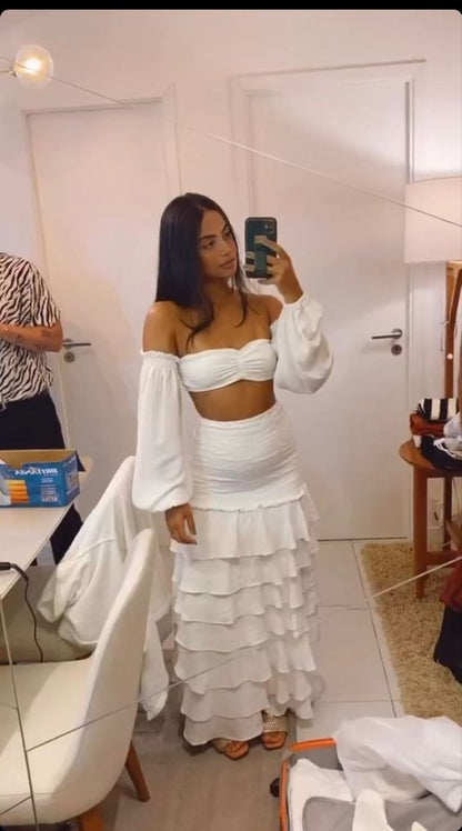 Two Piece White Prom Gowns Lady Fashion Party Dress