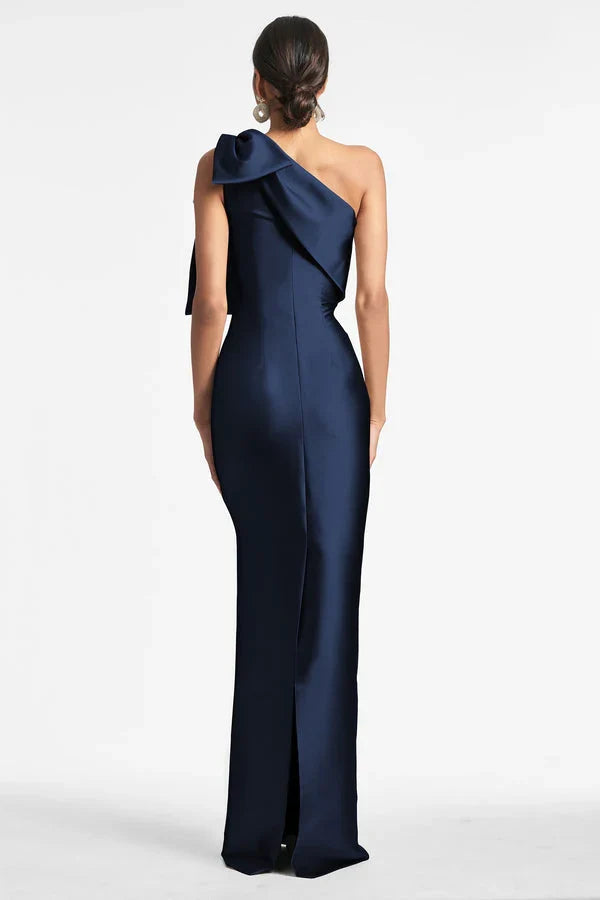 asymmetrical neckline off shoulder sleeveless bow detail backless and floor length Prom dress