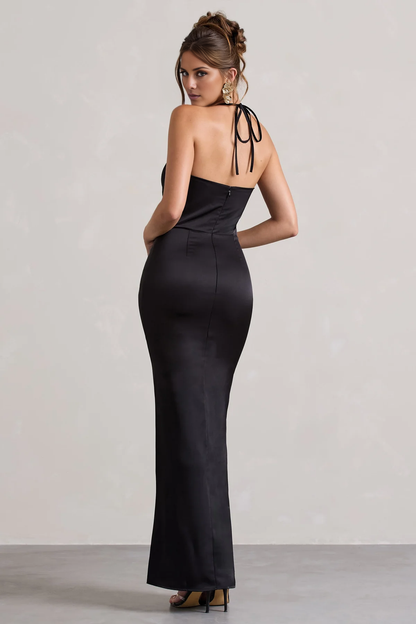 Satin high neck twisted pleat slit and floor length evening dress - dress