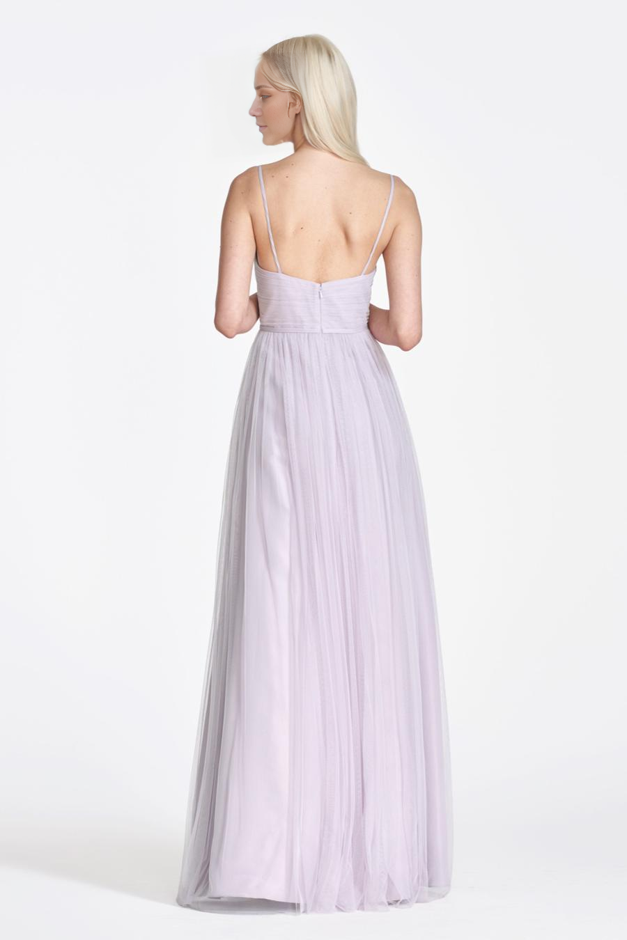 V-neck sleeveless off shoulder thin shoulder strap pleated sheer backless and floor length evening dress