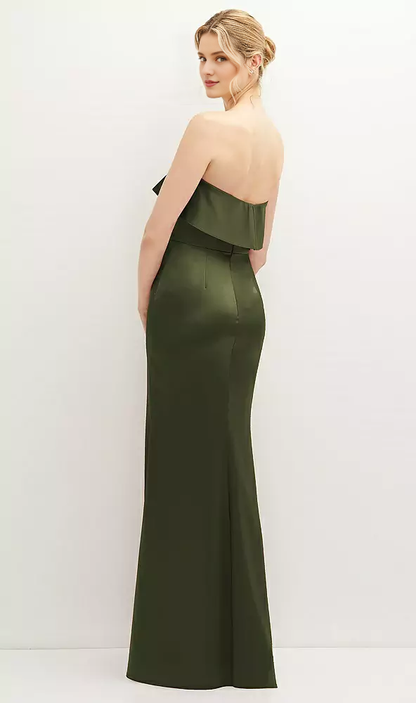 Soft ruffled edge strapless front slit horn and floor length Prom dress