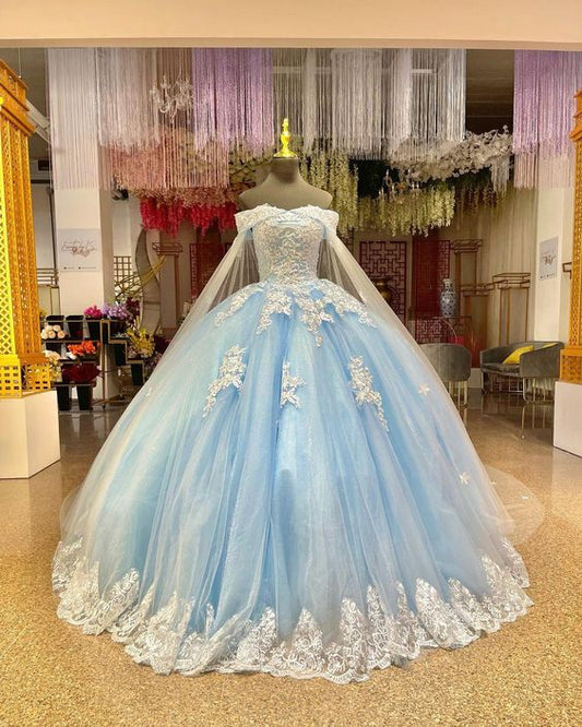 Gorgeous Blue Quinceanera Dresses With Cape Luxury Flowers Corset Ball Gown Princess Birthday Party Dress Sweet 15 Vestios Gala