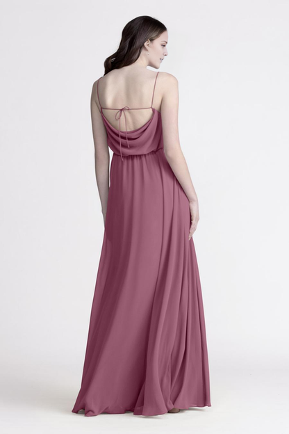 square neckline thin shoulder strap backless side slit and floor length evening dress