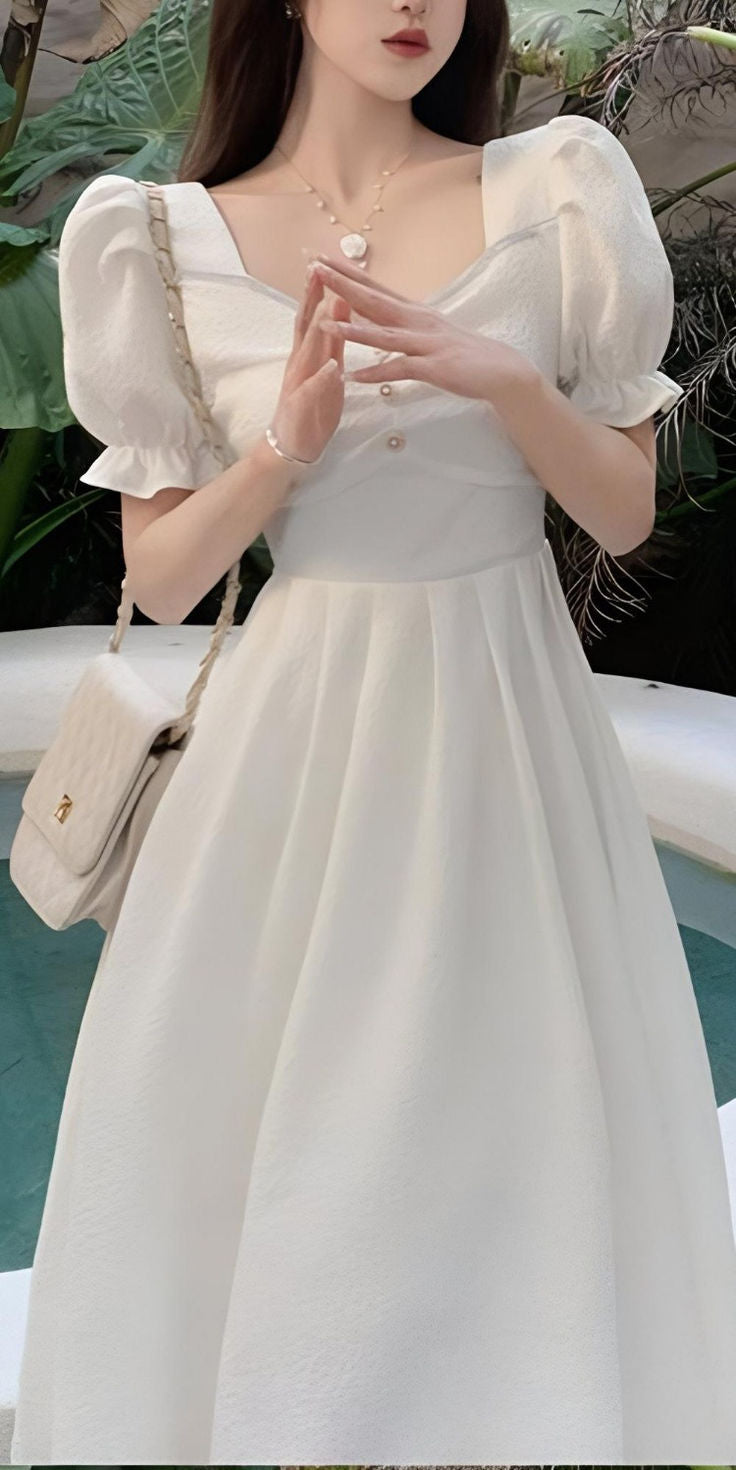 A Line White Short Sleeves Evening Gowns Party Prom Dress