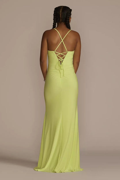 Notch V-Neck Ruched Jersey Sheath prom dress