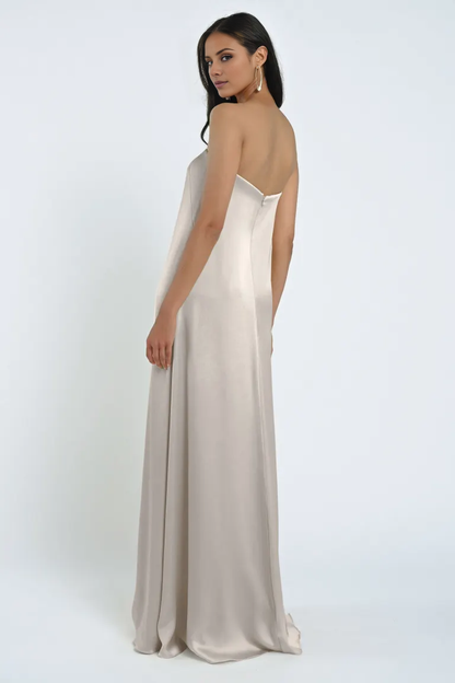 off shoulder collar sleeveless strapless backless and floor length Prom dress