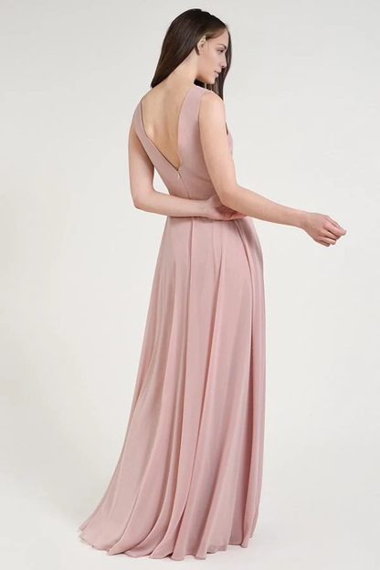 deep V-neck off shoulder sleeveless pleated backless and floor length evening dress