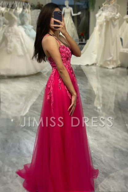 A Line Fuchsia spaghetti strap sheer long applique Prom dress