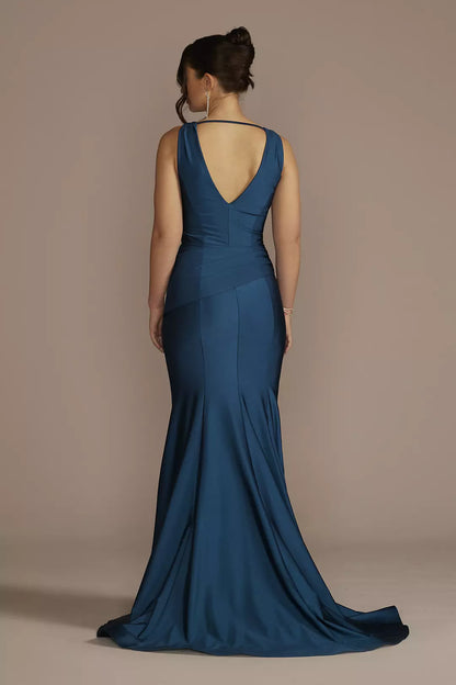 Draped Satin Plunging Mermaid Dresses prom dress