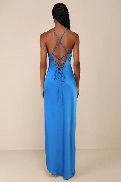 V collar off shoulder sleeveless thin shoulder strap backless side slit and floor length evening dress