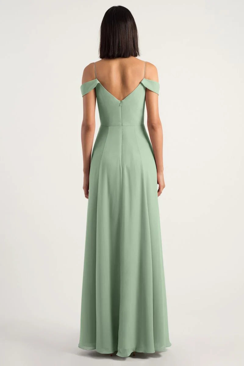 V-neck off shoulder sleeveless thin shoulder strap backless and floor length evening dress