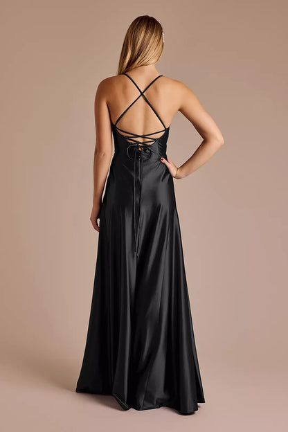 A-line V-neck satin thin shoulder strap with exposed back side slit and floor length Prom dress