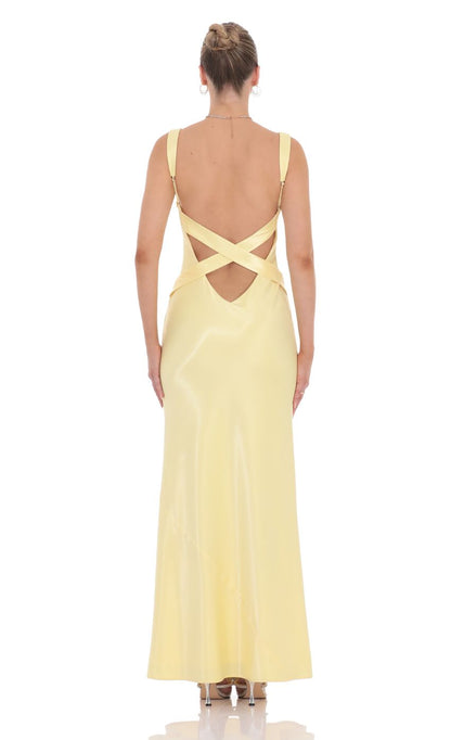 V collar off shoulder sleeveless satin backless and floor length Prom dress