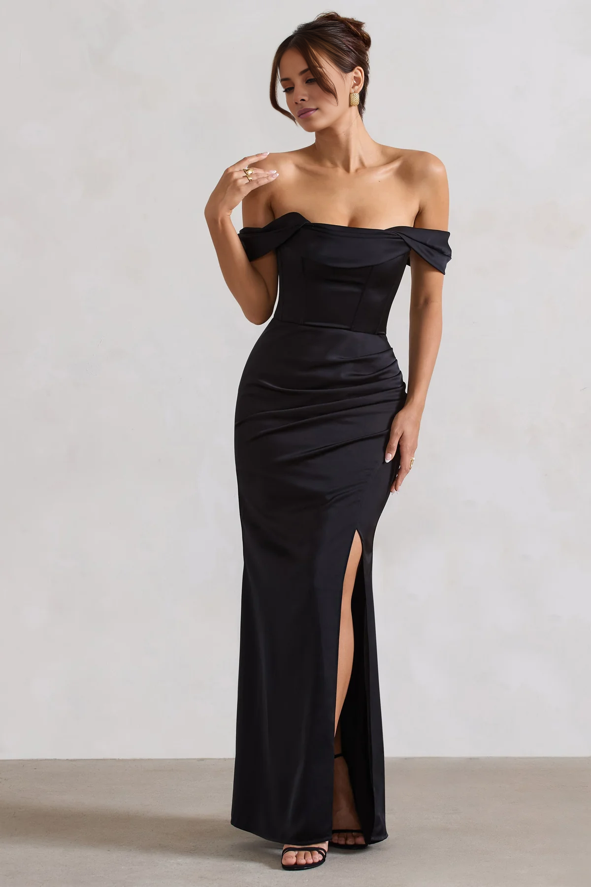 Off shoulder collar satin side slit and floor length evening dress - dress