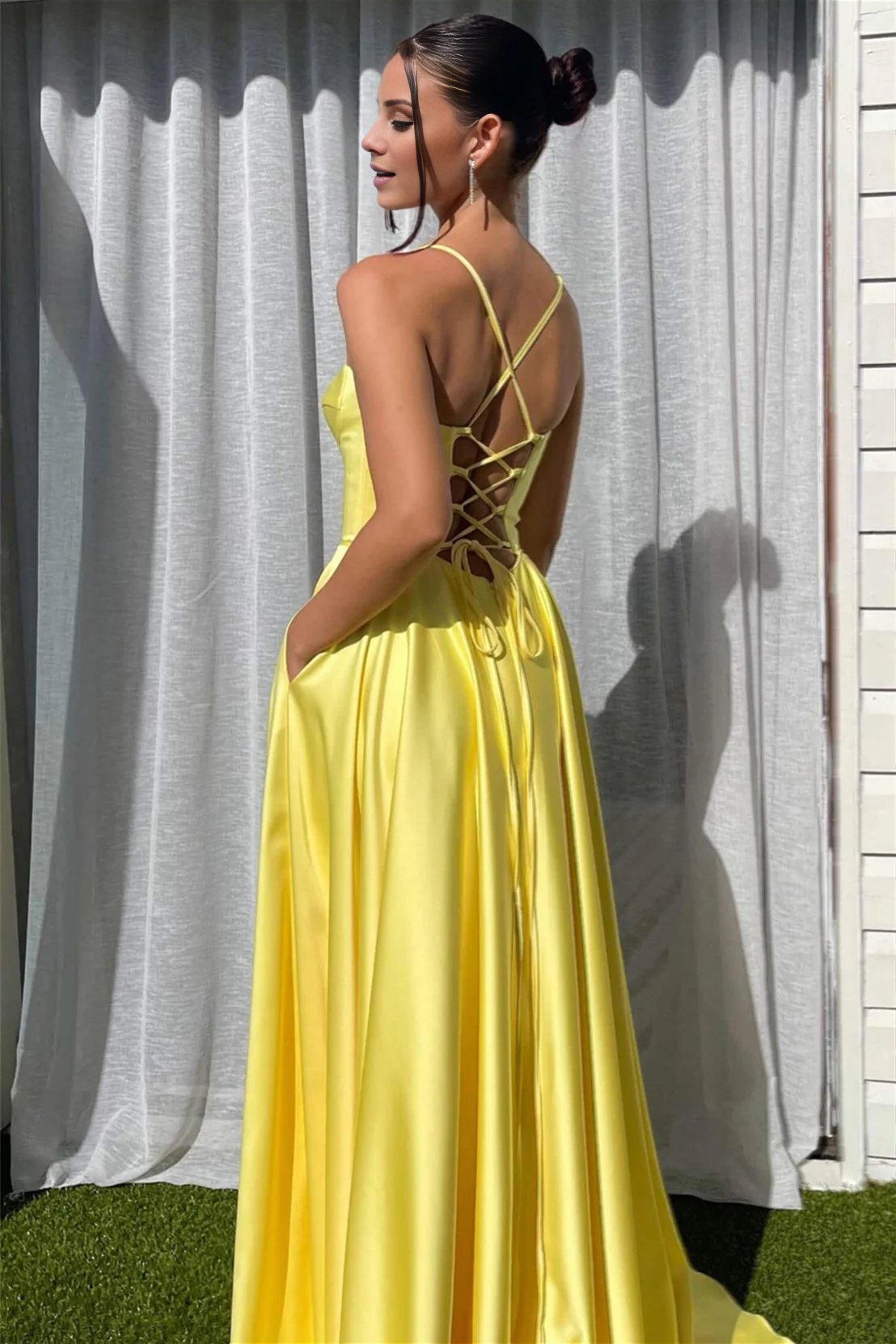 thin shoulder strap yellow A-line slit long Prom dress