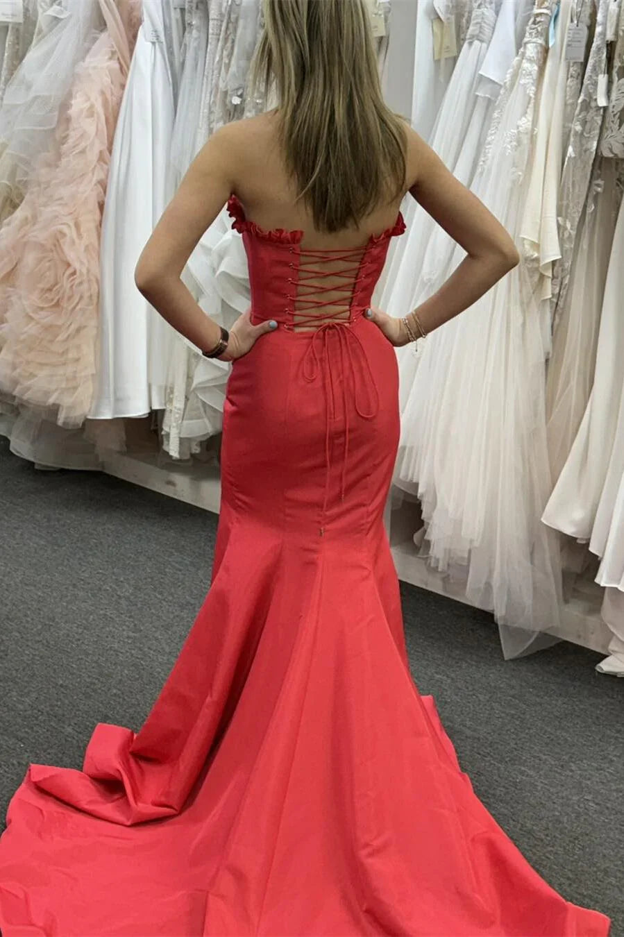 off shoulder red satin slit with fish tail long dress