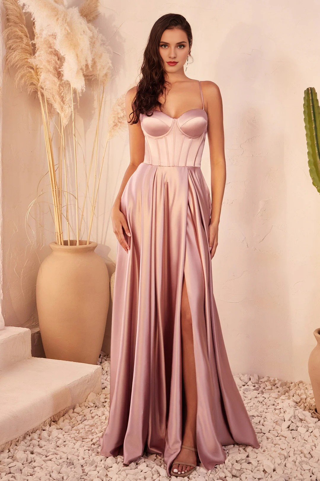 A-line slit skirt satin long sleeveless tight corset dre
