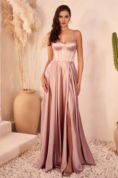 A-line slit skirt satin long sleeveless tight corset dre