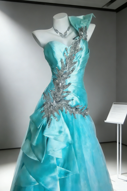 Blue One-Shoulder Beaded Gown Layered Tulle Prom Dress gh7004