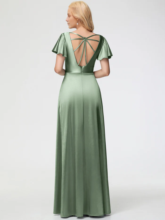 deep V-neck short sleeved satin slit Prom dress