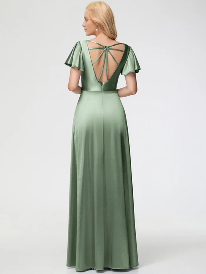 deep V-neck short sleeved satin slit Prom dress