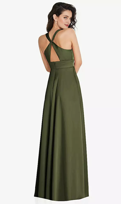 Front slit parallel crease seam shoulder back cross long Prom dress