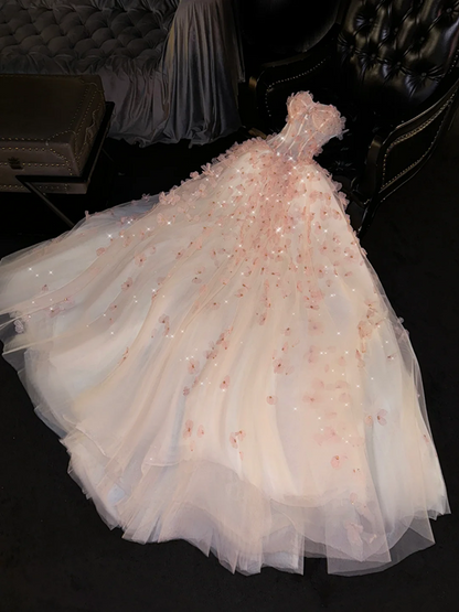 Pink strapless, fitted waist, full skirt, long ball gown R8733