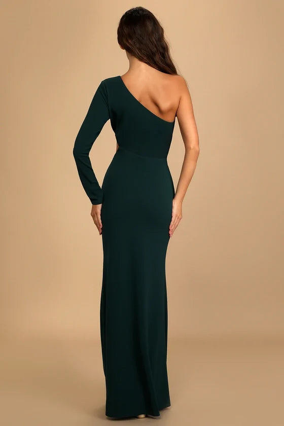 asymmetrical collar off shoulder long sleeved backless and floor length evening dress