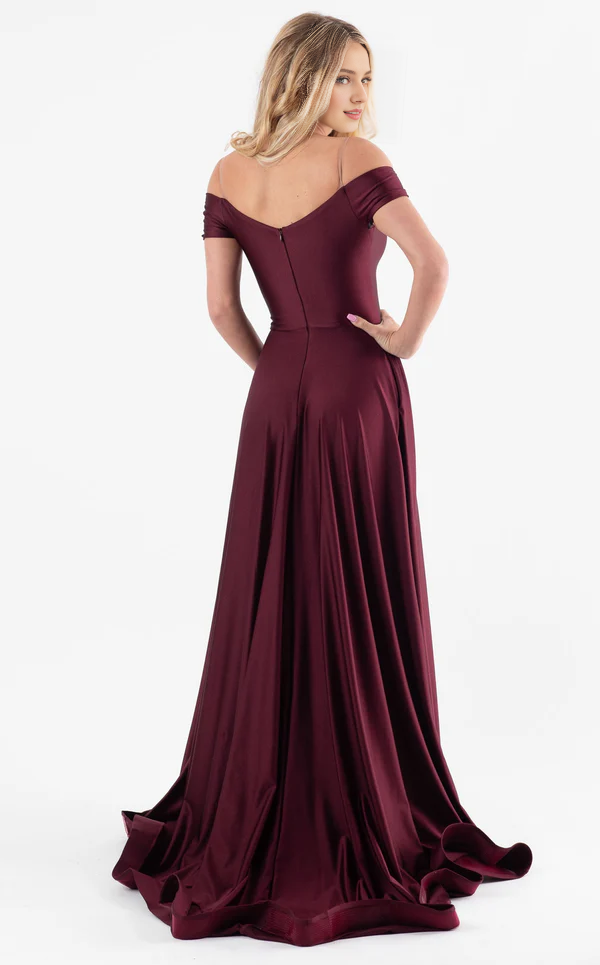 Off shoulder V-neck side slit backless and floor length Prom dress