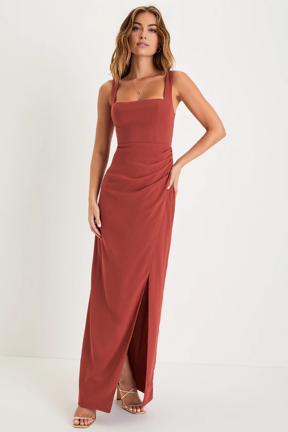 square neckline off shoulder sleeveless backless side slit and floor length evening dress