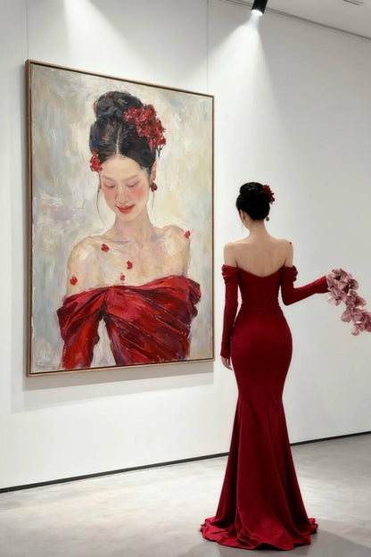 girlhomeshops- Red Long Sleeve Off-The-Shoulder Bodycon Satin Floor-Length Ball Gown Prom Dress gh5961