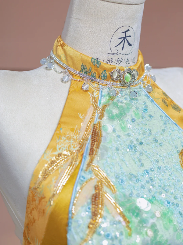 Light blue and yellow spliced cheongsam sexy long ball gown R8335