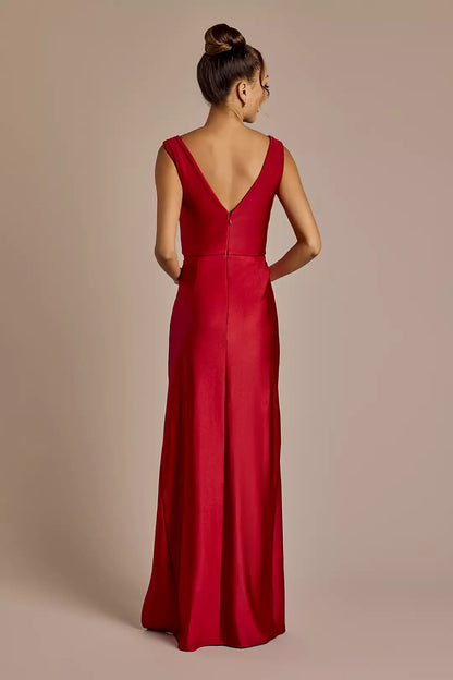 straight neck scarf with satin neckline backless side slit and floor length Prom dress